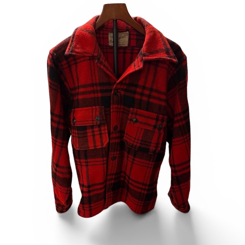 Vtg 50s Weather Master Minnesota Woolen Co Red Buffalo Plaid Wool Shirt Jacket L